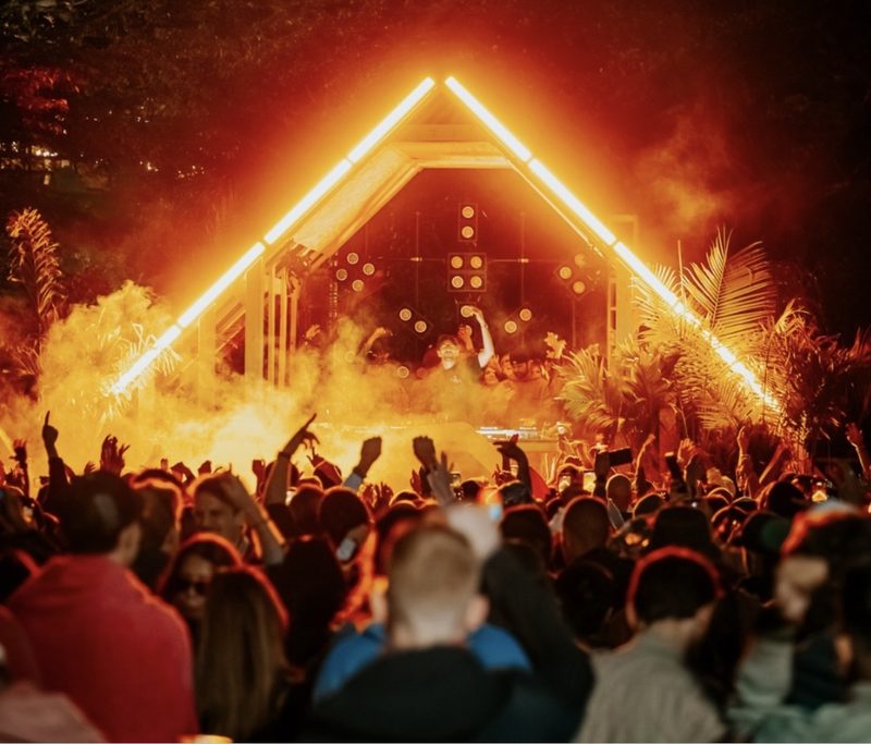 Festival stage with fire effects